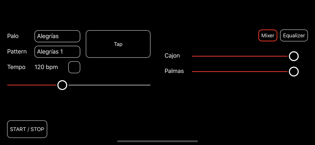 Another Flamenco Compas App interface showing metronome settings for Alegrias palo and volume controls for cajon and palmas
