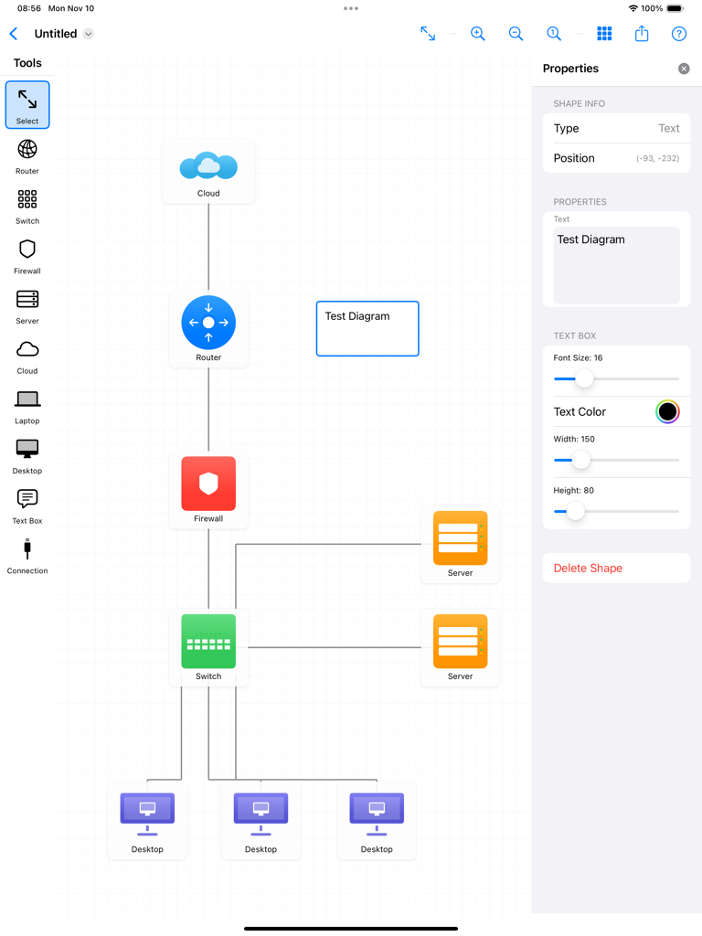 NetSketch - クラウド、ルーター、ファイアウォール、スイッチ、デスクトップアイコンを備えたネットワークトポロジー図が表示されているNetSketchアプリインターフェースのiPad画面。