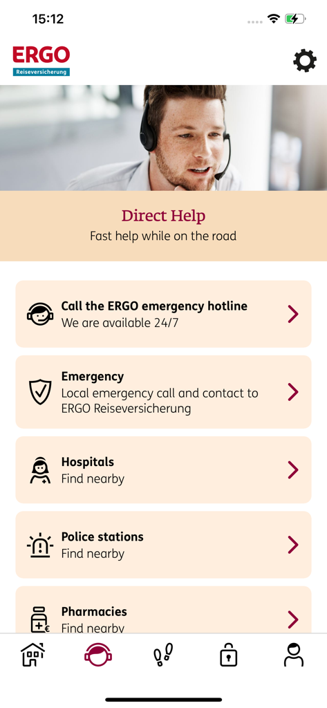 ERGO travel & care - Direct Help screen of the ERGO travel and care app showing emergency hotline and local services locator