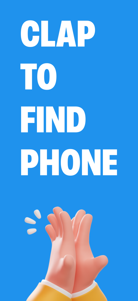 Screenshot of Clap Finder app showing the text Clap to Find Phone and a 3D illustration of clapping hands on a blue background