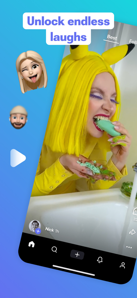 Una donna in costume mangia una saponetta nel feed video dell'app Shortn con il testo Sblocca risate infinite.