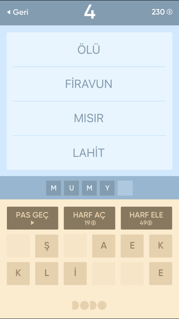 Resimsiz Kelime Bulmaca - A Turkish word puzzle game interface showing four hints related to Egypt and a five-letter word to solve.