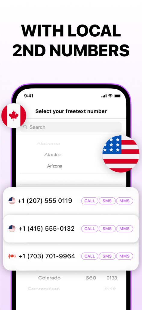 Interface showing available US and Canada second phone numbers for calling and messaging