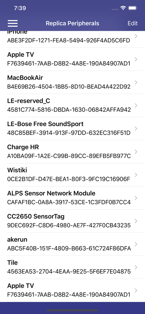 List of replicated Bluetooth Low Energy peripherals with their identifiers in the xBLEtz app