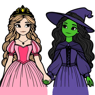 a princess and a witch holding hands realistic