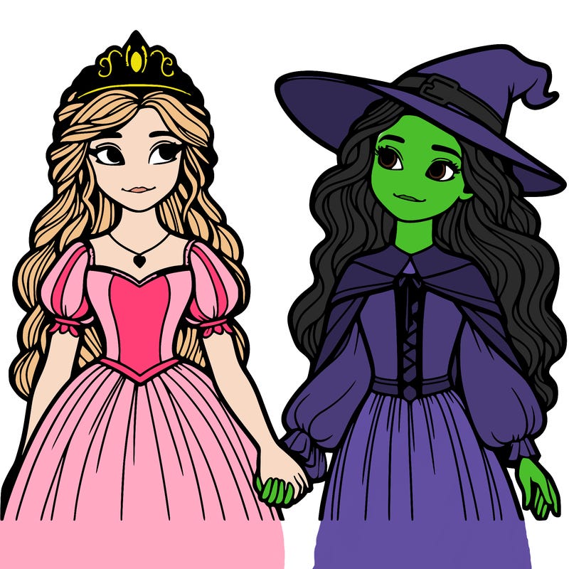 a princess and a witch holding hands realistic