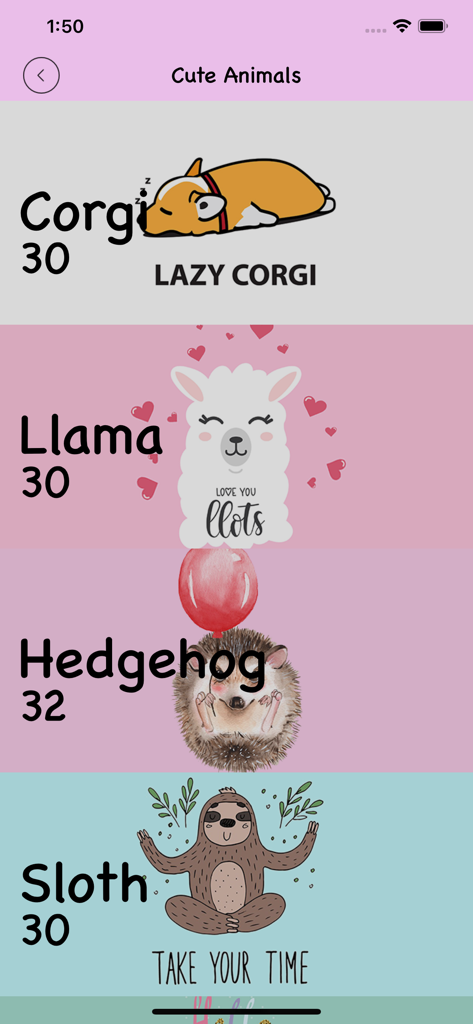 Cute Animals Wallpapers - Mobile screen showing different cute animal wallpaper categories including corgi, llama, hedgehog, and sloth with kawaii illustrations.