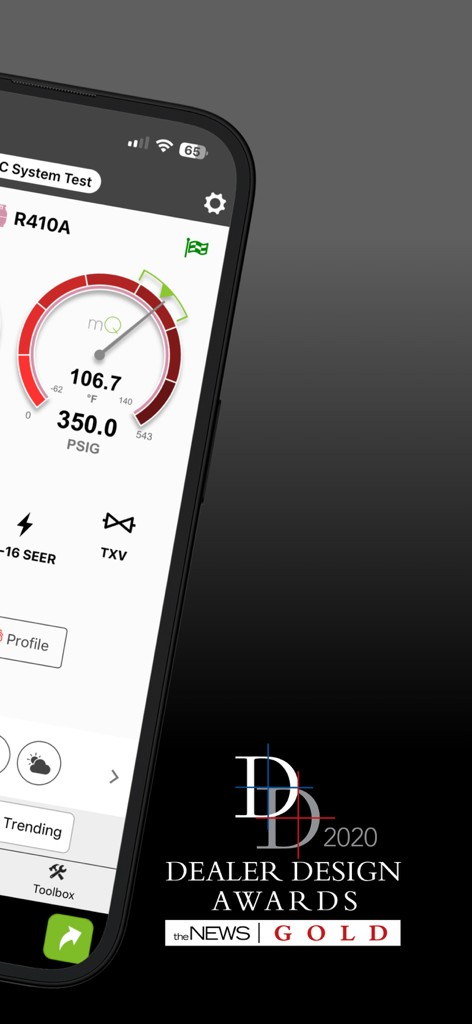 measureQuick HVAC mobile app interface with a digital pressure gauge showing R410A system data and the 2020 Dealer Design Gold Award logo.