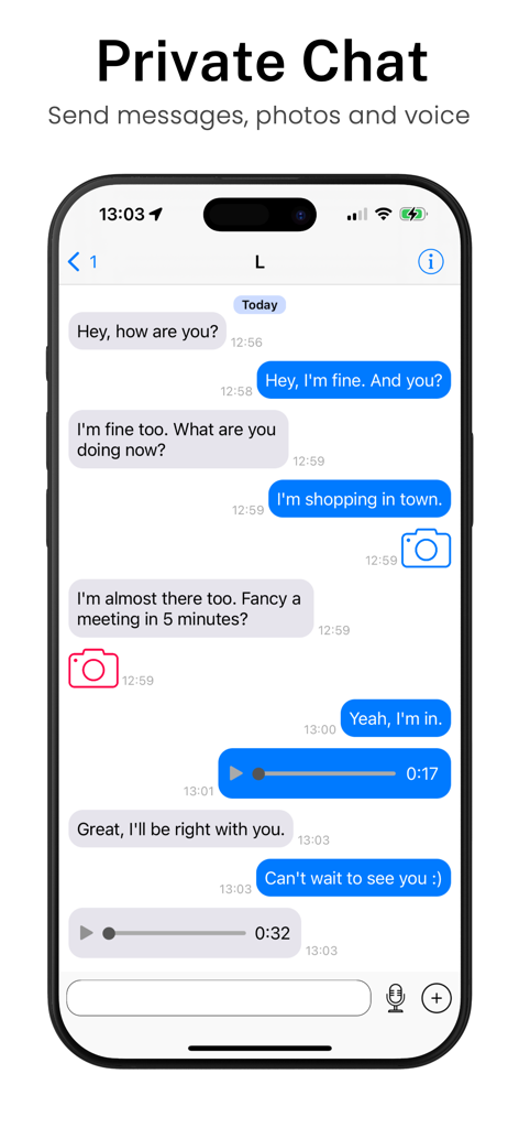 A mobile interface of Twiq app showing a private chat screen with text messages and voice memos