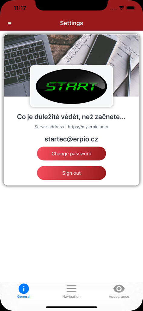 Schermata delle impostazioni utente nell'app ERPIO che mostra informazioni sull'account e dettagli sulla connessione al server.