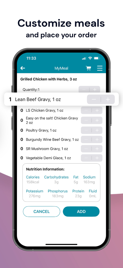 MyMeal by CompassOne - MyMeal app interface for customizing food orders and viewing nutrition facts