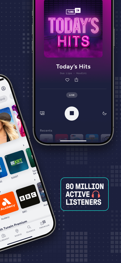TuneIn Radio app interface displaying live music hits and news station logos on mobile devices
