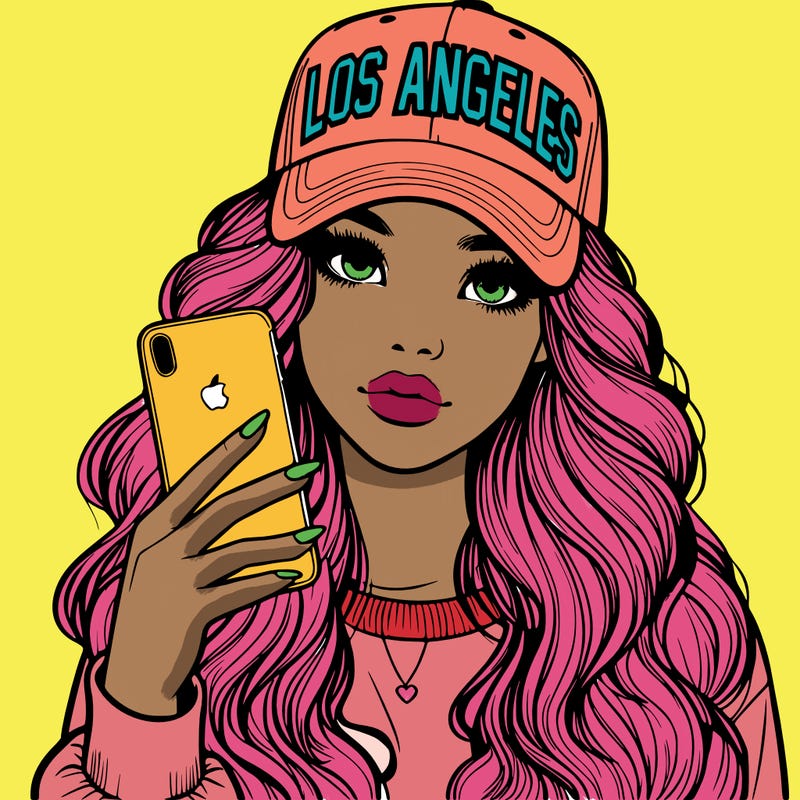 realistic beautiful girl wearing los ángeles cap holding an iphone