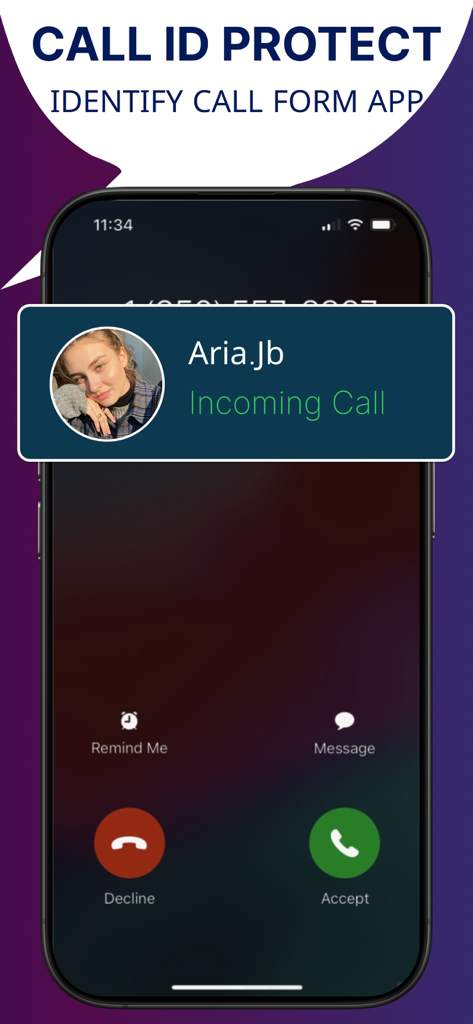 Caller ID Phone + - 프로필 사진과 이름이 포함된 맞춤형 발신자 식별 오버레이가 표시된 iPhone 수신 통화 화면
