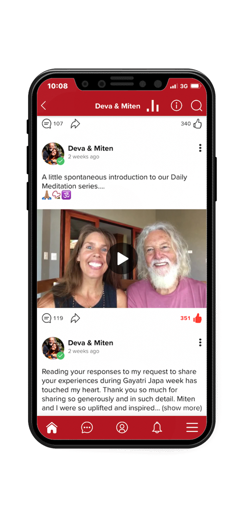 Social community feed in Deva and Mitens Gayatri Sangha app showing meditation videos and text posts