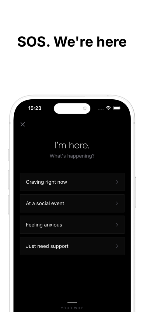 less. Drink less & Stay Sober - SOS support screen in the less app offering help for cravings and social pressure.