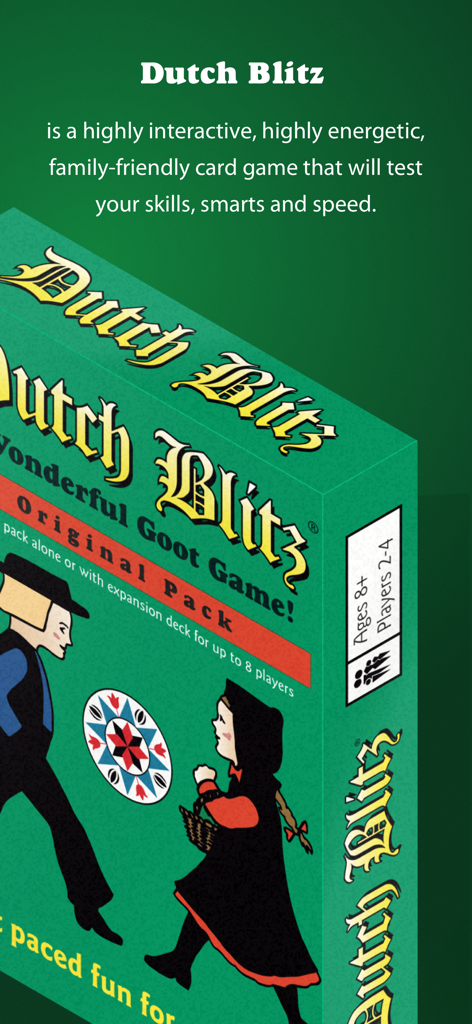 Dutch Blitz - Card Game - Original Dutch Blitz card game box featuring traditional characters and a vibrant green design