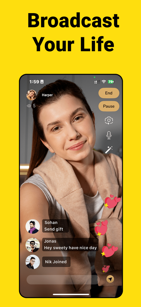 Mature Dating App- Flirt, Meet - Interface showing a live stream broadcast on a mature dating app with real time chat