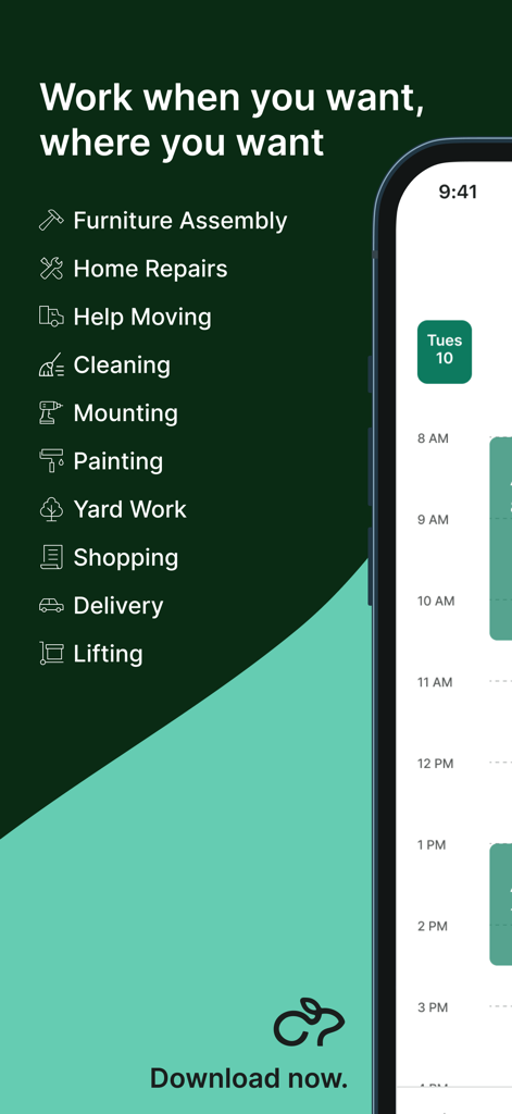 The Tasker by Taskrabbit app interface listing service categories like furniture assembly and showing a flexible work schedule on a mobile device.