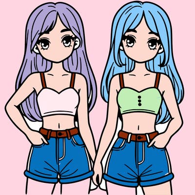 two sisters with crop tops and jean shorts and straight hair