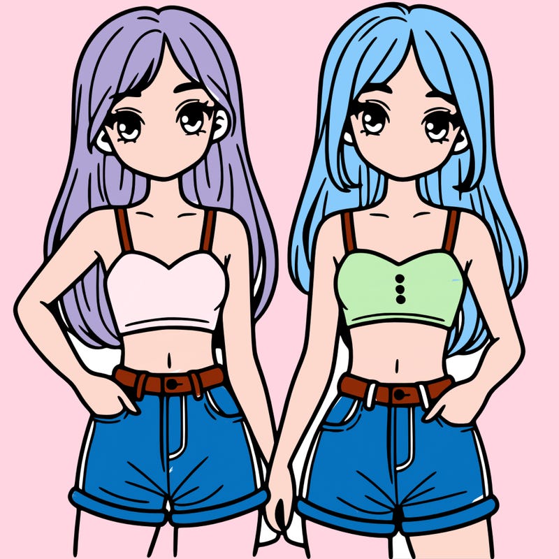 two sisters with crop tops and jean shorts and straight hair