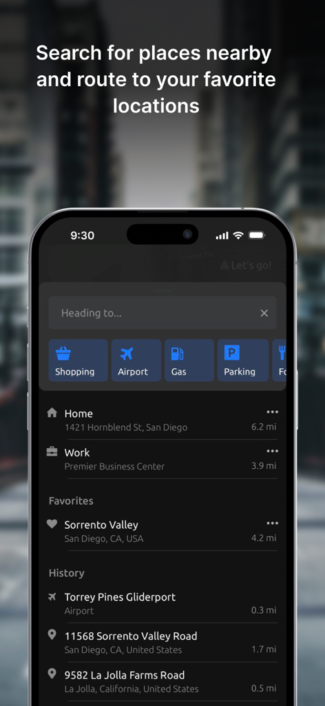 Search interface of the Hudway Go app displaying destination categories like gas and parking along with favorite and recent locations