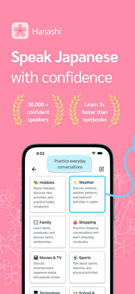 Interface of the Hanashi app showing various categories for Japanese conversation practice including hobbies, weather, and family.