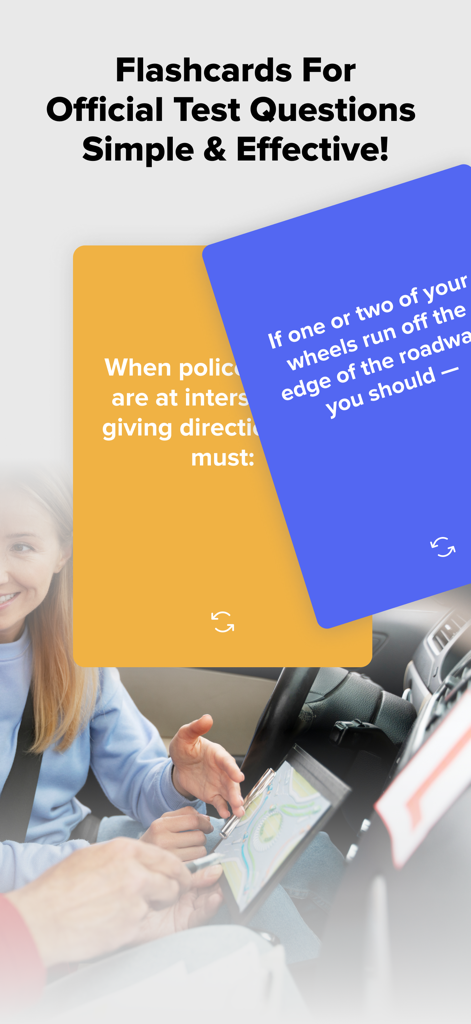 Driving Theory Test Prep 2025 - Tarjetas didácticas educativas para la revisión del examen teórico de conducir con preguntas de ejemplo y un fondo de lección de conducción.
