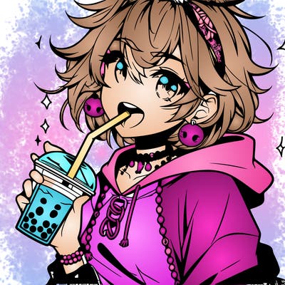 hot baddie anime girl drinking boba and biting the straw