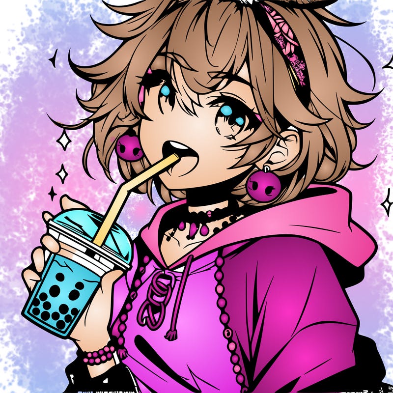 hot baddie anime girl drinking boba and biting the straw