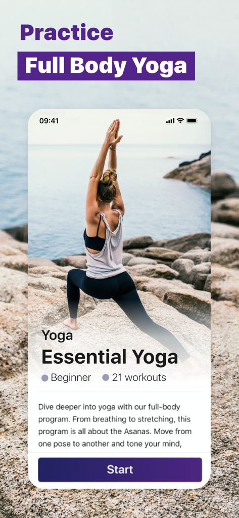 Une femme pratiquant une pose de yoga sur une rive rocheuse dans l'interface de l'application Fitness Verv.