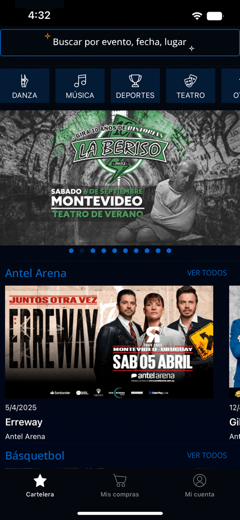 tickantel - Écran d'accueil de l'application Tickantel affichant les catégories d'événements et les listes de concerts en Uruguay.