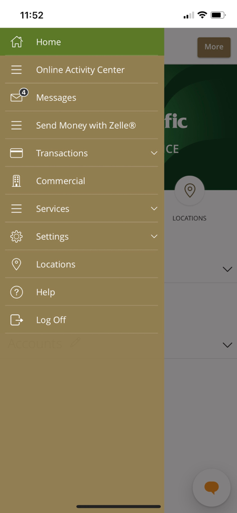 Bank of the Pacific Mobile - Navigation menu of the Bank of the Pacific Mobile app showing options like Zelle and Commercial banking.