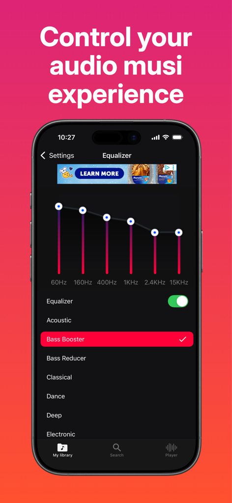 Trending Music Player - Trending Music Player app equalizer screen showing frequency levels and audio presets like Bass Booster