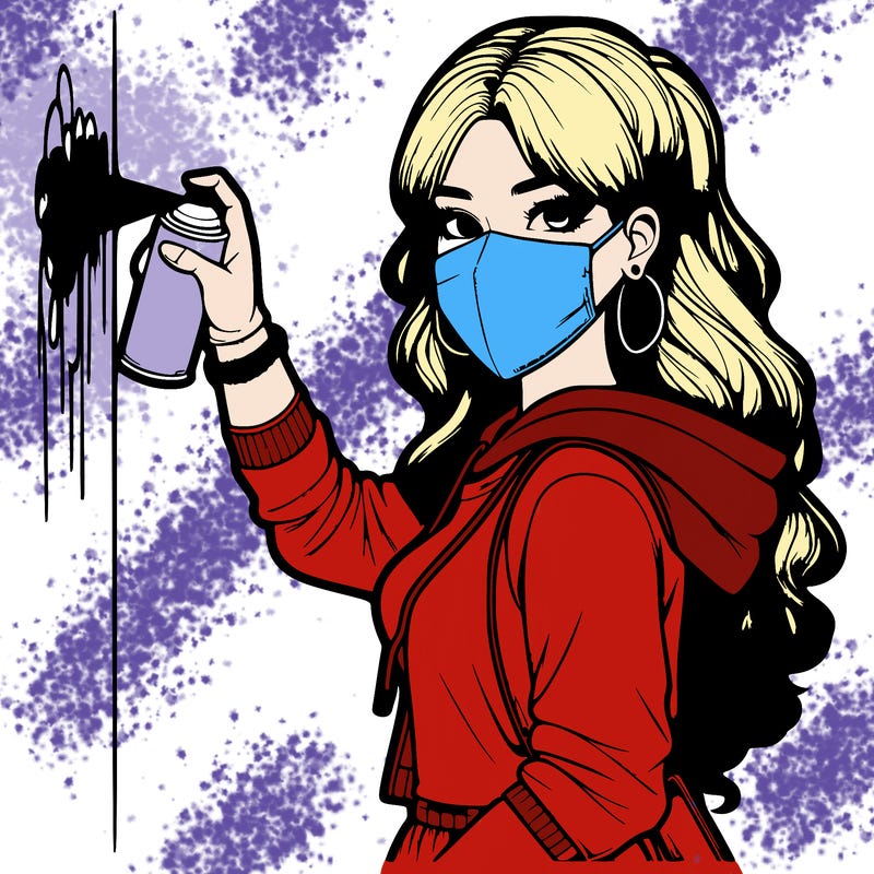 realistic girl with mask spray painting a wall