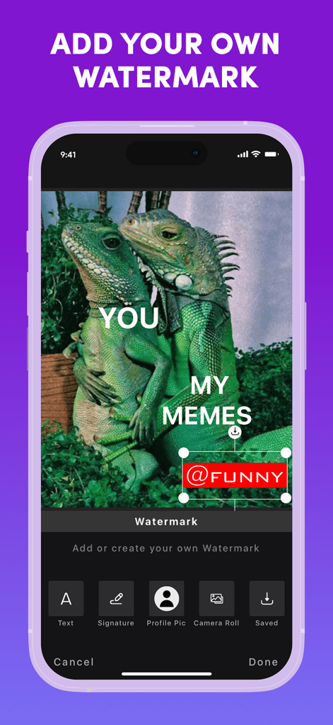 A mobile app screen showing the custom watermark feature with a meme of two lizards and a branding tag.