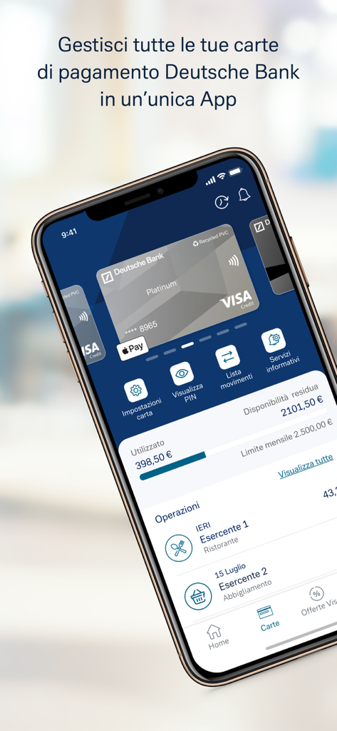 DB Le Mie Carte - Dashboard of the DB Le Mie Carte app showing a Deutsche Bank Platinum Visa card and financial transaction details.
