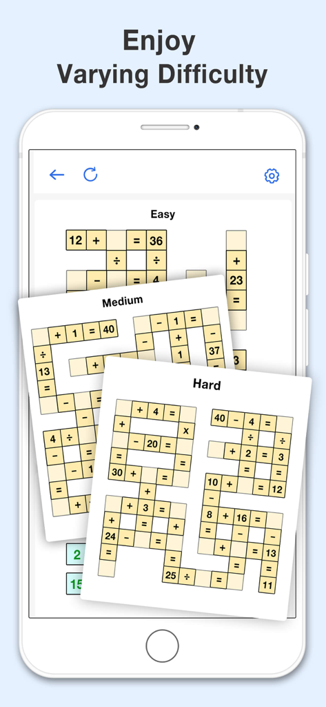 A smartphone screen showing math crossword puzzles with easy medium and hard difficulty levels.
