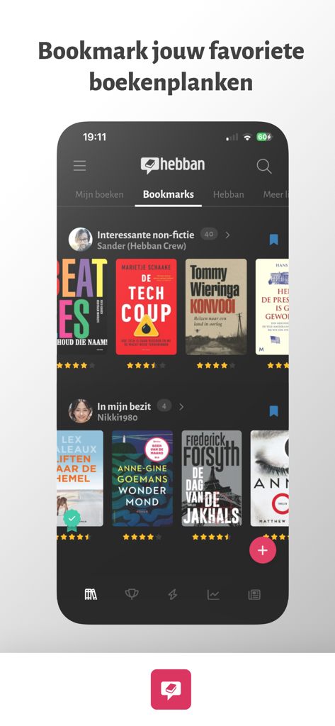 The Hebban Boekenapp Bookmarks interface displaying curated bookshelves and book collections