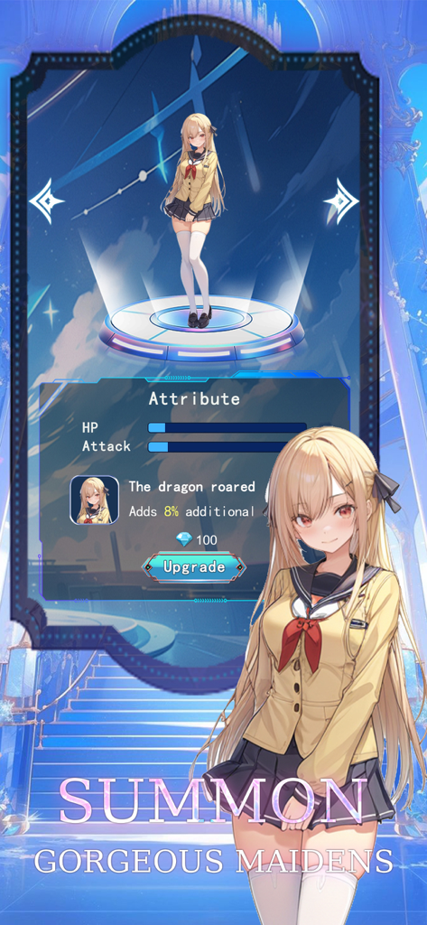 Epic Girl:Idle Adventure - Anime character summoning and upgrade screen showing attributes and a school girl maiden in Epic Girl Idle Adventure.