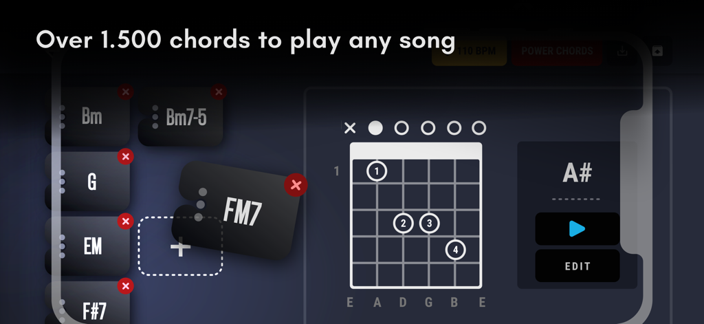 Real Guitar: lessons & chords - Interface showing guitar chord diagrams and a library with over 1500 chords