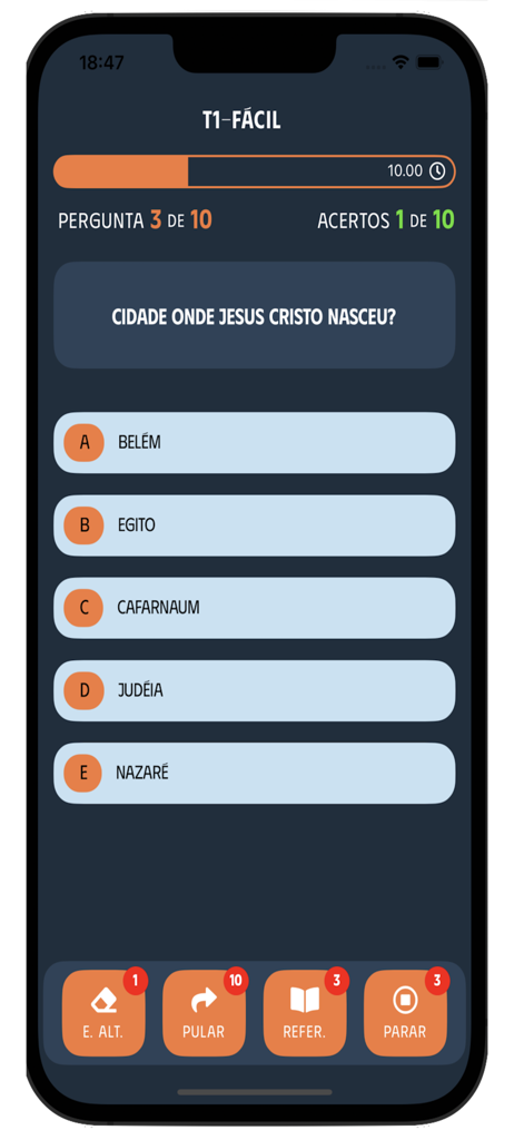 Bíblia Play - Interface do aplicativo Biblia Play exibindo uma pergunta de trivia bíblica com cinco opções de múltipla escolha.