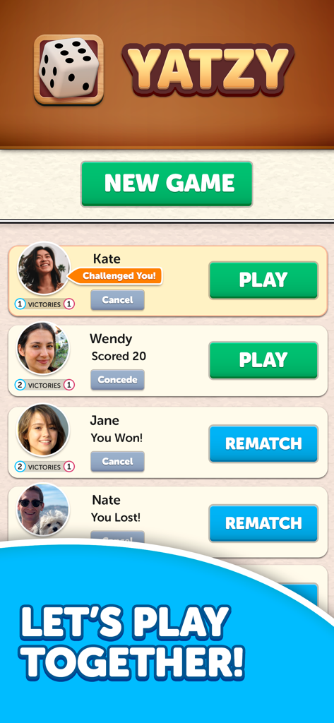 Dice Yatzy - Classic Fun Game - Pantalla de la aplicación móvil Dice Yatzy que muestra una lista de desafíos de juegos multijugador y resultados con amigos