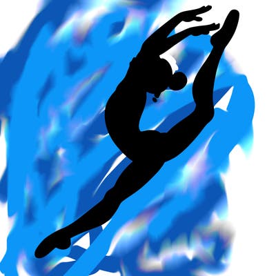 gymnast doing a leap in a leotard with a bent back leg