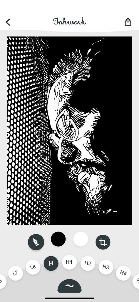 Inkwork - Inkwork mobile app interface showing a skull photo transformed into a black and white ink drawing with various style filter options.