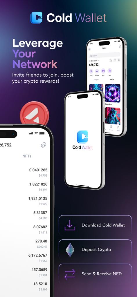 모바일 기기에서 네트워크 보상 및 NFT 관리를 보여주는 콜드 월렛 앱의 프로모션 화면