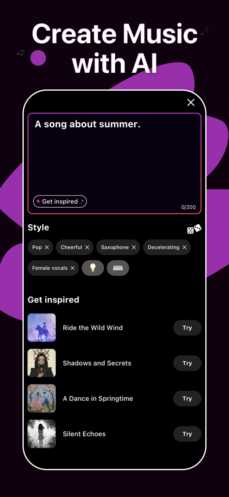 AI Music Generator, Song—Waazy - Interfaz de Waazy AI Music Generator mostrando una indicación de texto para una canción sobre el verano con varios filtros de estilo.