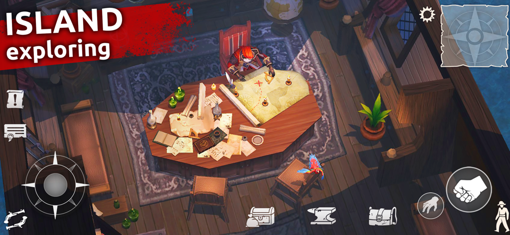 Mutiny: Pirate Survival RPG - Personaggio pirata che studia una mappa del tesoro su un tavolo in Mutiny Pirate Survival RPG