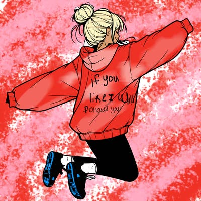 realistic girl jumping with a bun and oversized sweatshirt