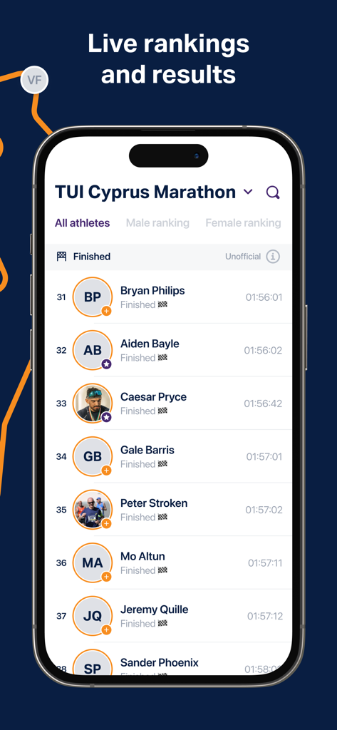 TUI Cyprus Marathon - Un smartphone mostrando clasificaciones de atletas en vivo y tiempos de finalización para el TUI Cyprus Marathon